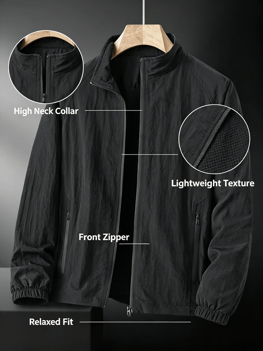 Men'S Lightweight Stand Collar Windbreaker Zip-Up Casual Jacket with Elastic Cuff, Outdoor Sports Coat - Black