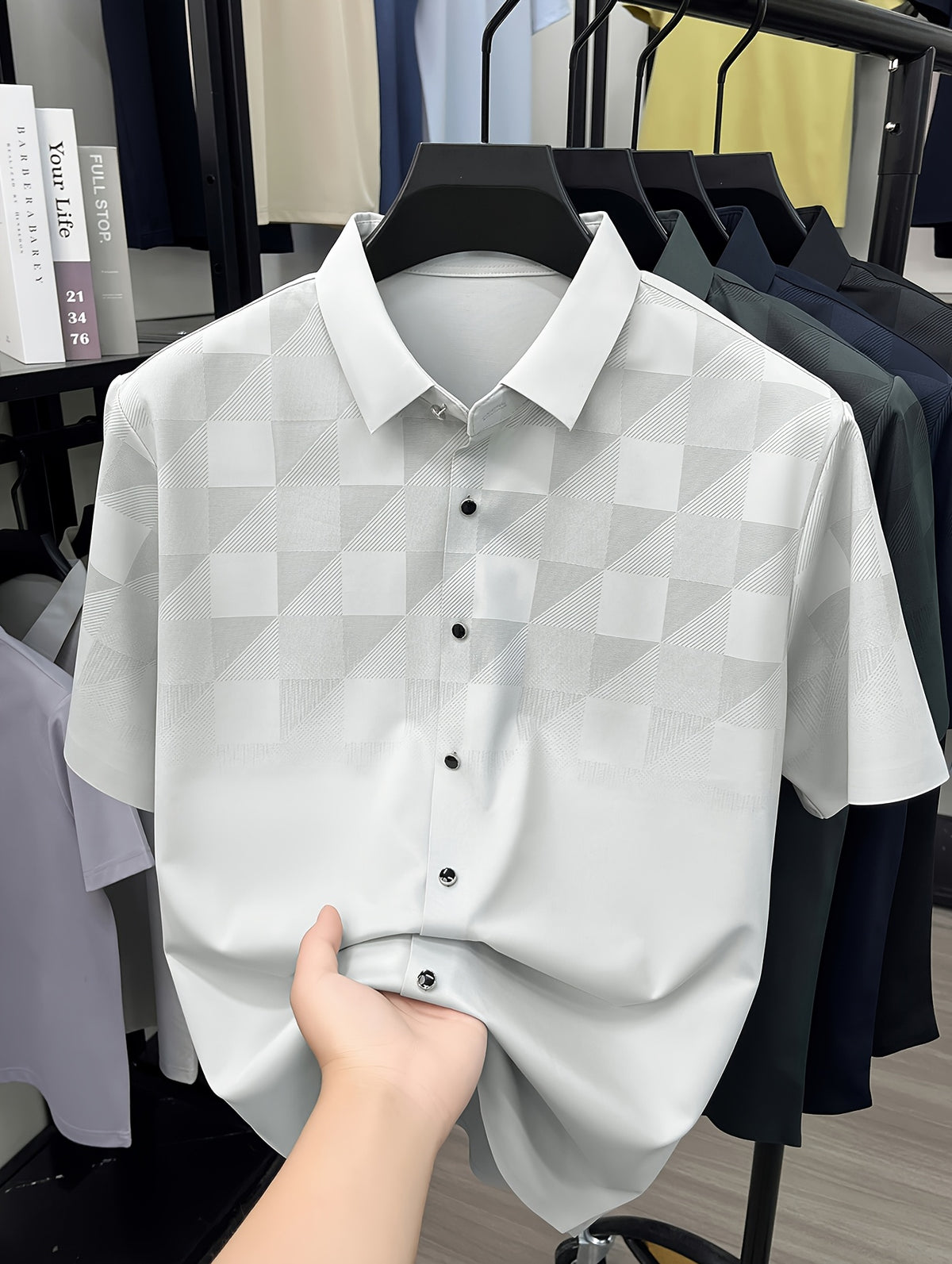 Men's Jacquard Polo Shirt with Subtle Texture, Summer Short Sleeve Tee with Mulberry Silky, Seamless, Business Casual Versatile Top with Lapel Collar - Beige