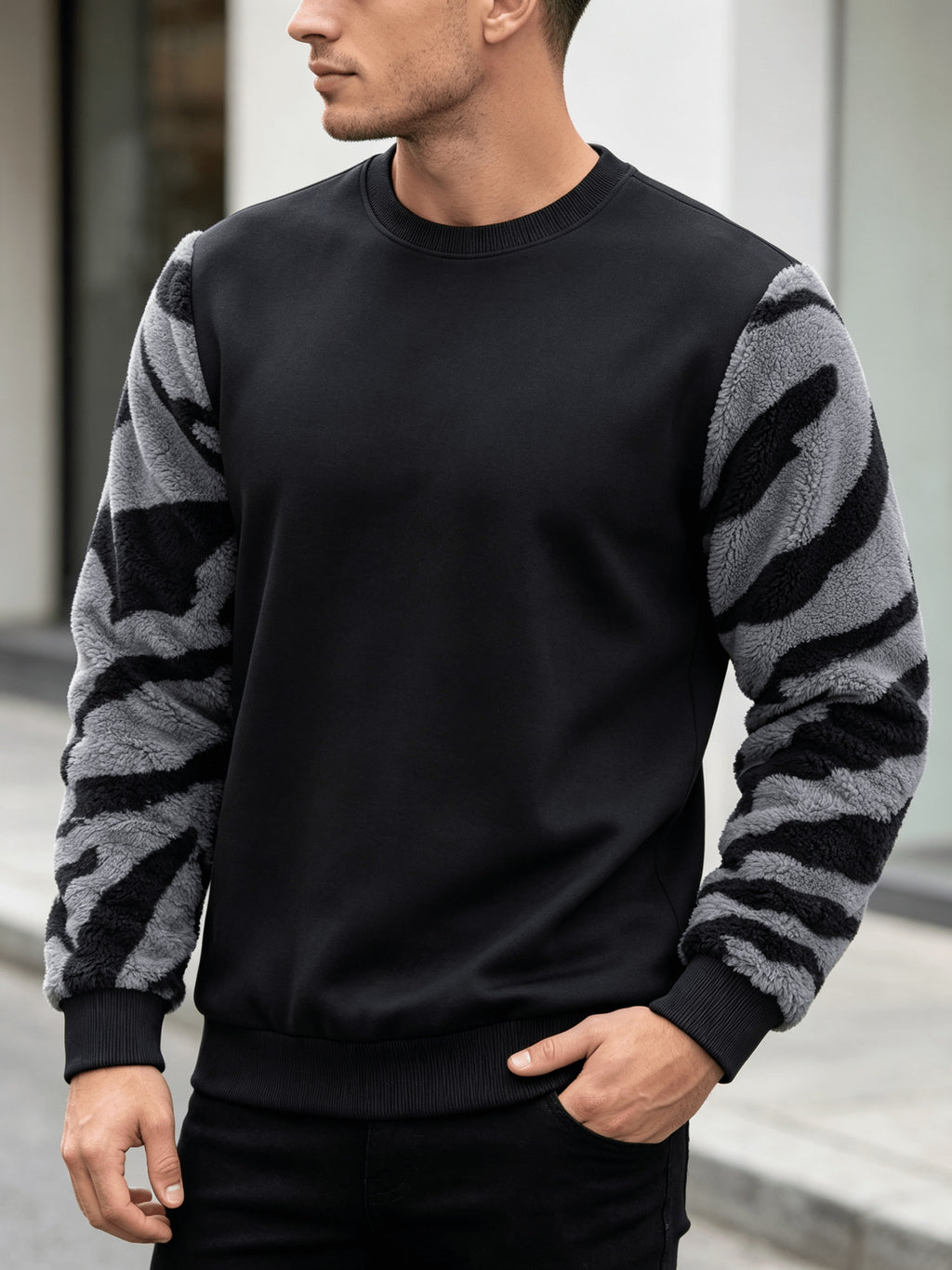 Men'S Autumn Winter Round Neck Plush Sweatshirt, Fashionable Color-Block Patchwork Design And Solid Color Style, Wrinkle-Resistant Soft Knit Fabric, Very Practical. Suitable for Students' Daily Wear on Campus, Outings, Dates, Commuting, Camping - Black