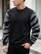 Men'S Autumn Winter Round Neck Plush Sweatshirt, Fashionable Color-Block Patchwork Design And Solid Color Style, Wrinkle-Resistant Soft Knit Fabric, Very Practical. Suitable for Students' Daily Wear on Campus, Outings, Dates, Commuting, Camping - Black