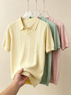 Men 3pcs Vertical Textured Knit Polo Shirts, Slim Fit Notch Collar Short Sleeve Knitwear, Lightweight Comfort Shirts for Office Vacation Daily Wear - Pink-Grey-Green-Yellow