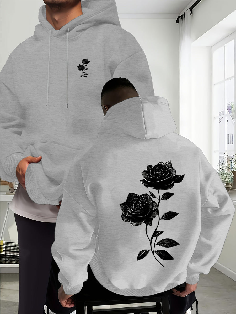 Autumn Winter Men'S Fleece-Lined Hooded Sweatshirt, Double Branch Black Rose Print, Fashionable Casual Wear for Daily, Casual, Gatherings, Parties, Outdoor Sports, Men'S Warm Hooded Top - Light Grey