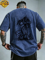 Warner Bros. Officially Authorized Kneeling Coyotes Holding Ouch Print Retro Washed Distressed Short Sleeve T-Shirt for Men And Women, Machine Washable Daily Commuting Outdoor Sports Casual Top - Royal Blue