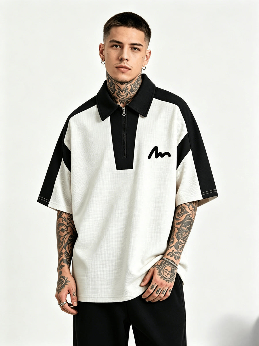 Trendy Casual Half-Zipper Contrast Polo Shirt Men'S Hip-Hop Style Waffle Short Sleeve Top Modern Urban Street Style Hip-Hop Casual Half-Zipper Short Sleeve Top American Street Style Contrast Short Sleeve - White