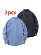 Men's Two-pc Non-Stretch Denim Shirts, Vintage Washed Workwear Long Sleeve Loose Fit Versatile Casual Jackets - Light Blue + Black Gray