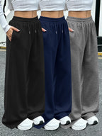 3pcs Women'S Jogging Pants, Elastic-Waistband Wide-Leg Casual Pants with Side Pockets, Light Sweatpants, Suitable for Daily And Formal Wear, Machine-Washable Non-Sheer Fabric, Joggers - Black+blue+dark Gray