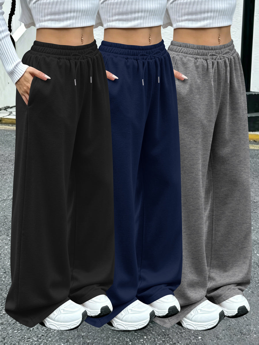 3pcs Women'S Jogging Pants, Elastic-Waistband Wide-Leg Casual Pants with Side Pockets, Light Sweatpants, Suitable for Daily And Formal Wear, Machine-Washable Non-Sheer Fabric, Joggers - Black+blue+dark Gray