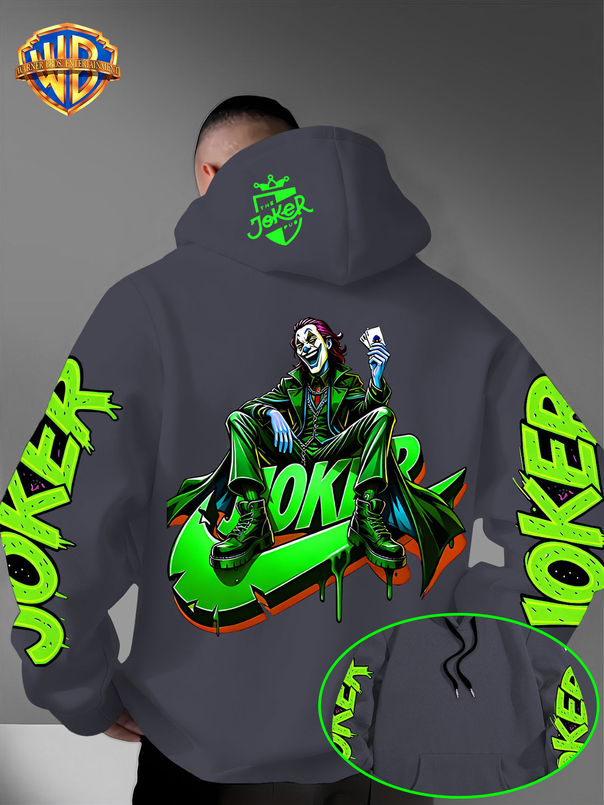 Warner Bros. American Trendy and Cool Hook, Hisley Jay Joker, JOKER Splashed Ink Graffiti Print Hooded Sweatshirt, with Adjustable Drawstring, Comfortable and Warm, Fashionable and Versatile Men's Casual Sweatshirt - Dark Gray