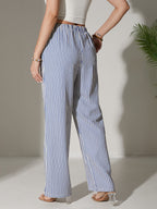 Striped Women's Casual Pants, Four Seasons Lazy Style Elastic Waist Drawstring Loose Versatile Textured Wide Leg Long Pants - Blue And White Stripes