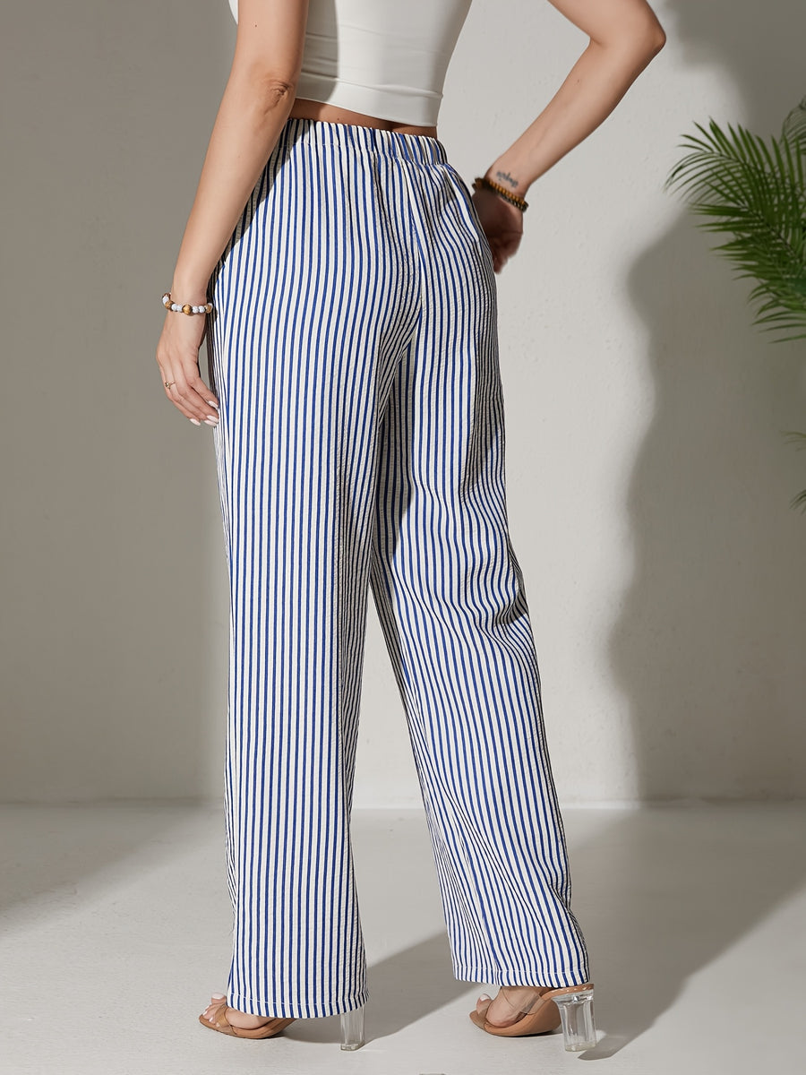 Striped Women's Casual Pants, Four Seasons Lazy Style Elastic Waist Drawstring Loose Versatile Textured Wide Leg Long Pants - Blue And White Stripes