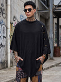 Men's Black Textured Knit Cape-style Top with Buttons, Loose Fit, One-size-fits-all, Irregular Hem, Casual Streetwear Shirt, Halloween Suitable for Bohemian, Festival, and Daily Wear - Black