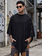 Men's Black Textured Knit Cape-style Top with Buttons, Loose Fit, One-size-fits-all, Irregular Hem, Casual Streetwear Shirt, Halloween Suitable for Bohemian, Festival, and Daily Wear - Black