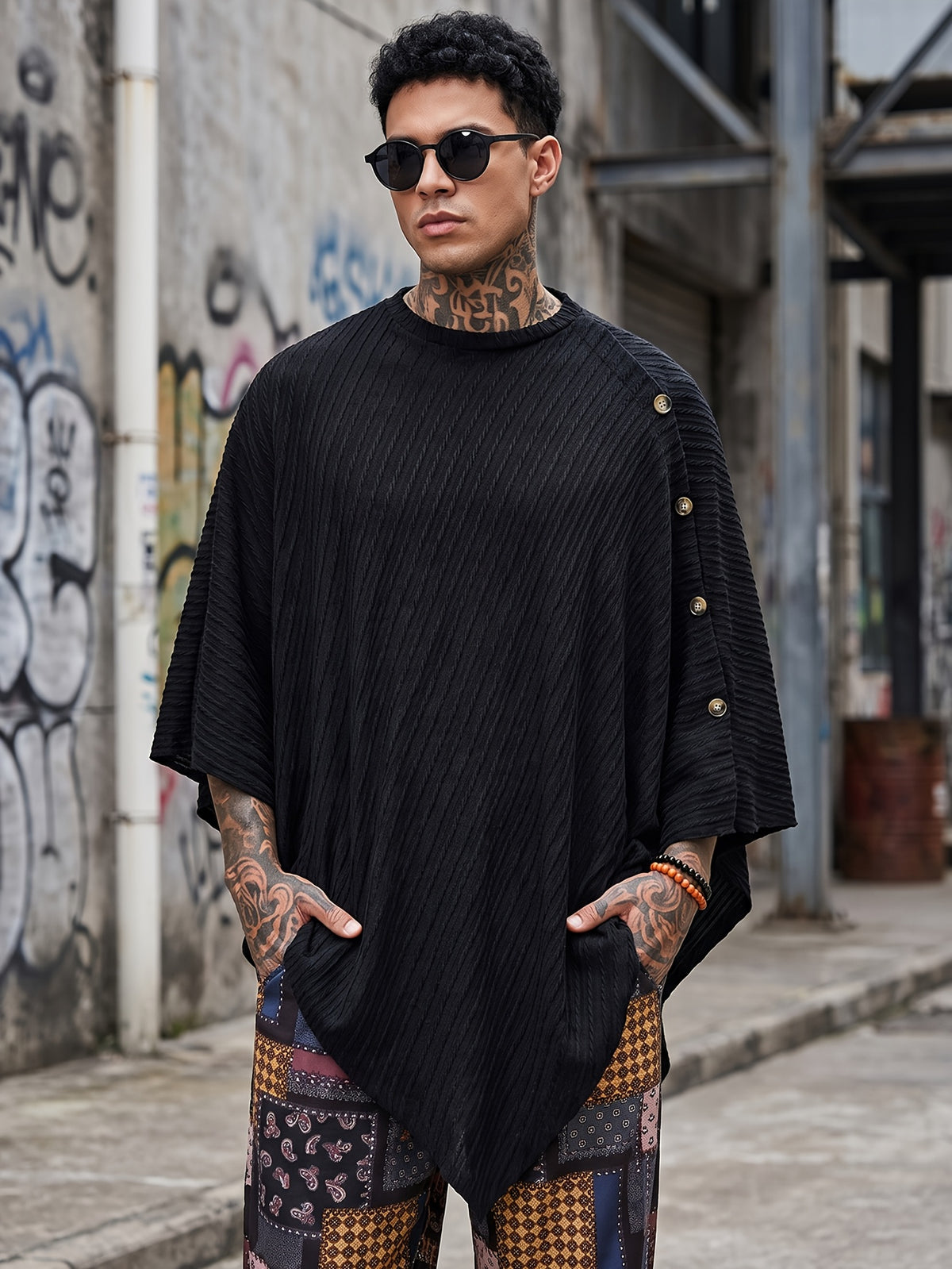 Men's Black Textured Knit Cape-style Top with Buttons, Loose Fit, One-size-fits-all, Irregular Hem, Casual Streetwear Shirt, Halloween Suitable for Bohemian, Festival, and Daily Wear - Black