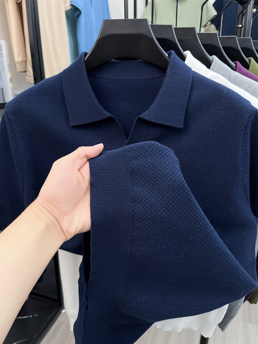 [Qiaoximei OBM] Summer Men'S Premium Casual Henley Shirt | Knit Style Men'S Top, Full Pineapple Jacquard Decoration, Summer Men'S Henley Collar Short Sleeve Base Layer, Lapel Men'S Top, Easy And Fresh for Single Wear - Navy Color