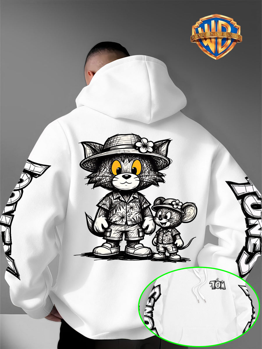 Men's Warner Bros. Vacation Hand-Drawn Sketch Print Hooded Sweatshirt, a Loose and Casual Hoodie Suitable for Animation IP Enthusiasts, Daily Commutes to School, Streetwear, and  Outfits for Couples and Best Friends - White