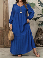 Plus Size, Plus Size Women's Solid Color Textured Long Sleeve Maxi Dress, V-Neck Puff Sleeve Waist-Cinching Layered Cake Dress, Loose Vacation Dress, Elegant Dress for Spring/Autumn/Winter - Royal Blue