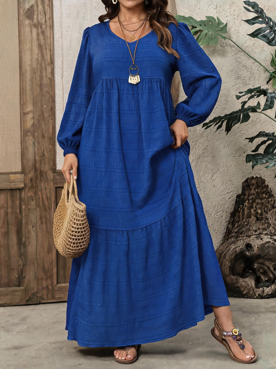 Plus Size, Plus Size Women's Solid Color Textured Long Sleeve Maxi Dress, V-Neck Puff Sleeve Waist-Cinching Layered Cake Dress, Loose Vacation Dress, Elegant Dress for Spring/Autumn/Winter - Royal Blue