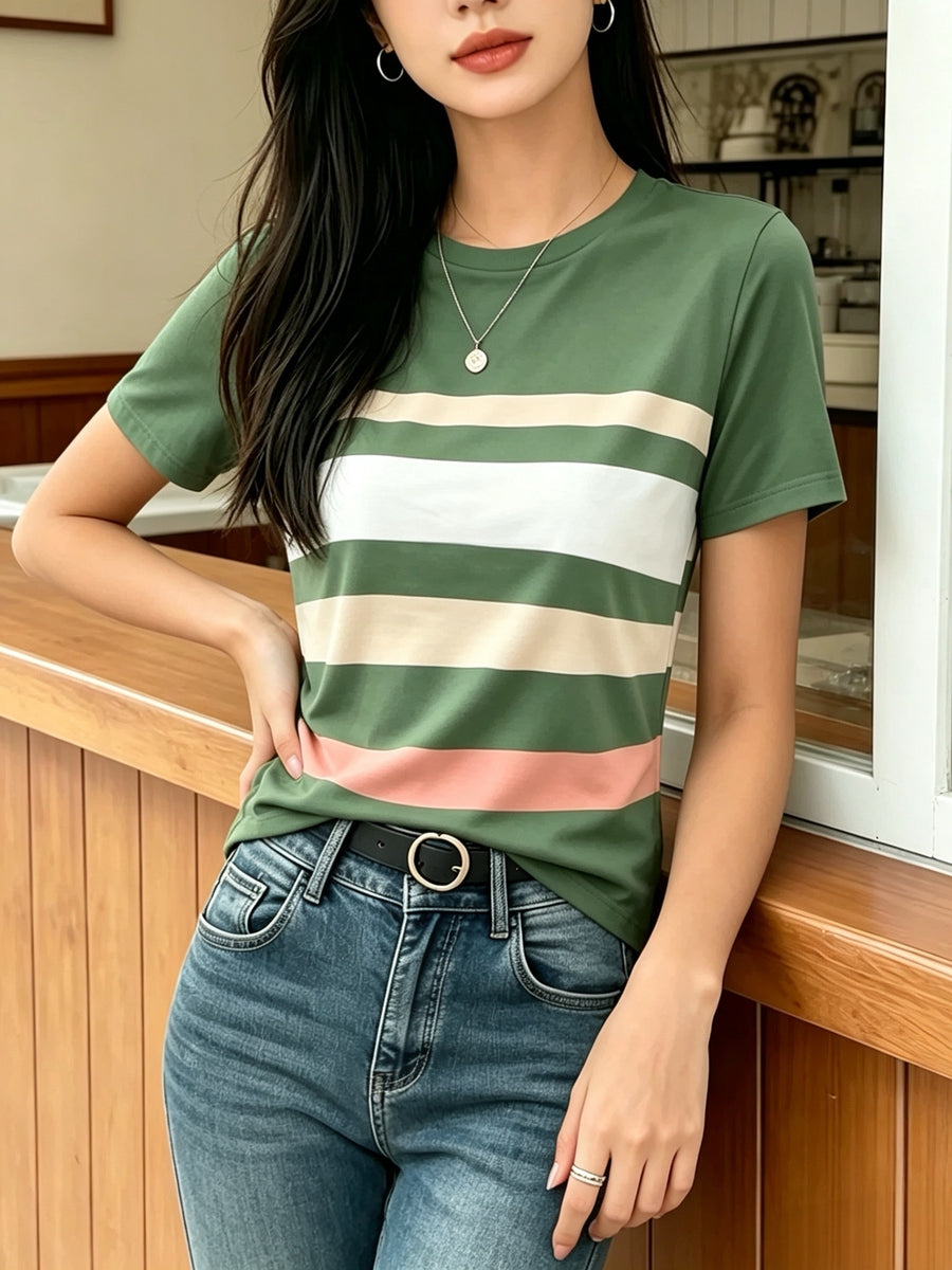 [Printed Design Texture] Women'S Korean-Style Blogger'S Colorful Striped T-Shirt, a Versatile Basic Short-Sleeve Top That Flatters The Figure And Is Suitable for All Body Types, a New Summer 2026 Model for Commuting And Casual Wear - Multicolor 6