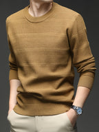 Men's Quiet Luxury Mustard Crew Neck Sweater, Textured Herringbone Knit Pullover, Old Money Aesthetic Fall Winter Top - Camel