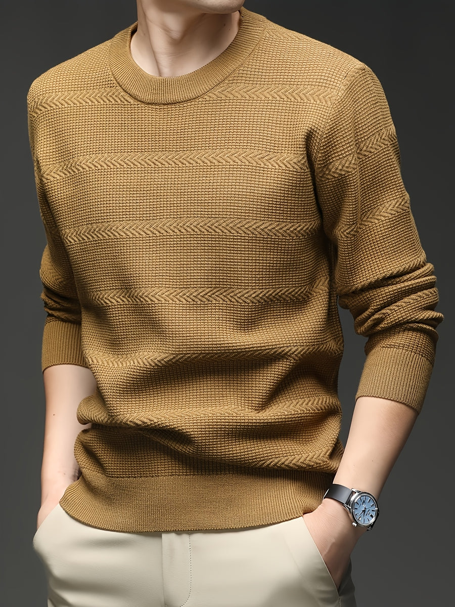 Men's Quiet Luxury Mustard Crew Neck Sweater, Textured Herringbone Knit Pullover, Old Money Aesthetic Fall Winter Top - Camel