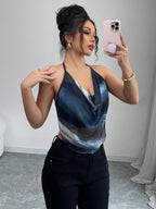 Y2K Women's Double Layer Halter Neck Top - Slim Fit Geometric Print Color-Block Blouse with Stretchy Machine-Washable Fabric for All-Season Versatile Wear, Blouse for New Years Eve, Evening Wear, Contrast Detail Fashion, Stylish Silhouette, Elegant - Mixed colors