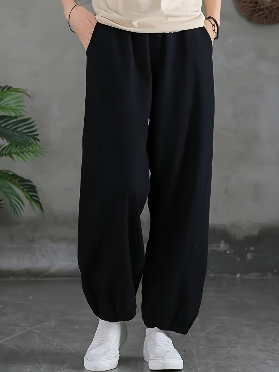 Loose and Breathable Vintage High-waist Tapered Patchwork Casual Wide-leg Long Pants Solid Color Casual Lantern Pants - Black