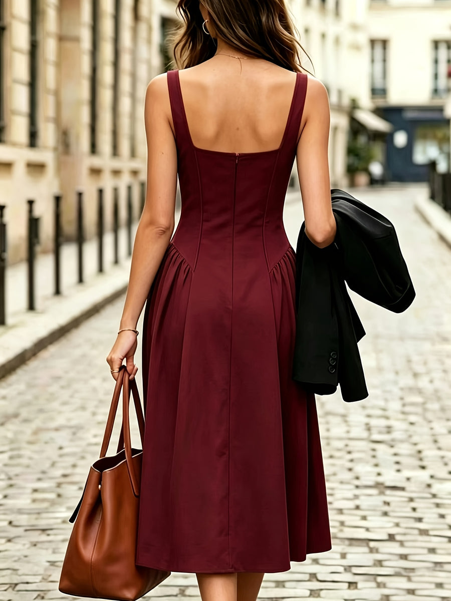 Fashionable Women's Sleeveless Puff-Style Solid Color Dress (Accessories Not Included) - New Spring/Summer Women's Clothing, Most Popular Korean Women's Apparel, Casual and Elegant Women's Dresses, Hot-Look Outfits, Women's Dresses, Women's Summer - Burgundy