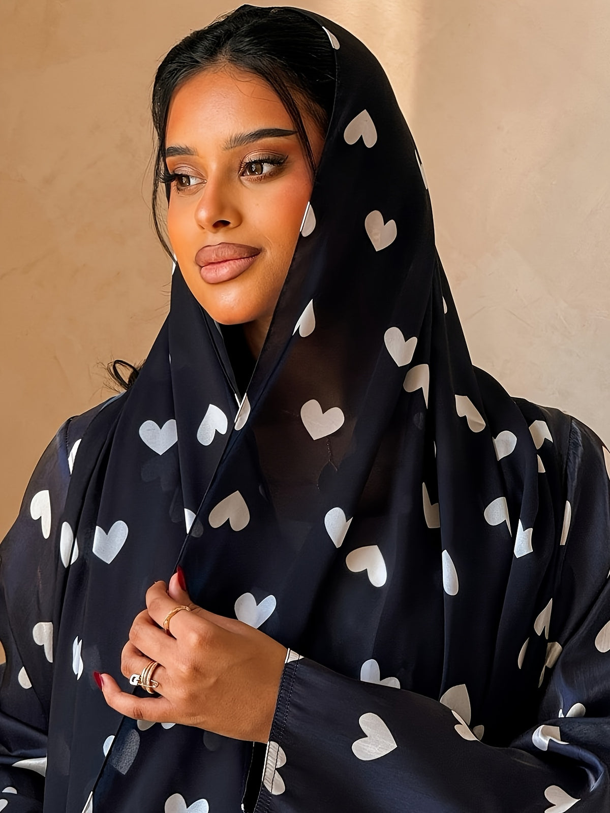 1 Set Heart Print Satin Abaya Set With, Elegant Flare Maxi Open Abaya for Women - Navy Color