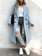Over-The-Knee Long Premium Design Style Long Sleeve Trench Coat Women'S New Suit Collar Double-Breasted Casual Coat Jacket - Sky Blue