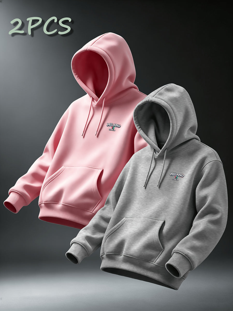 [Villa Le Water OBM] 2pcs Set MILANO Print Hooded Sweatshirt Men'S Loose Casual All-Match Pullover Long-Sleeve Hoodie - Pink+Light Grey
