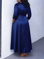 Western Fashion Temperament Solid Round Neck Tie-Up Three-Quarter Sleeve Dress - Navy Color