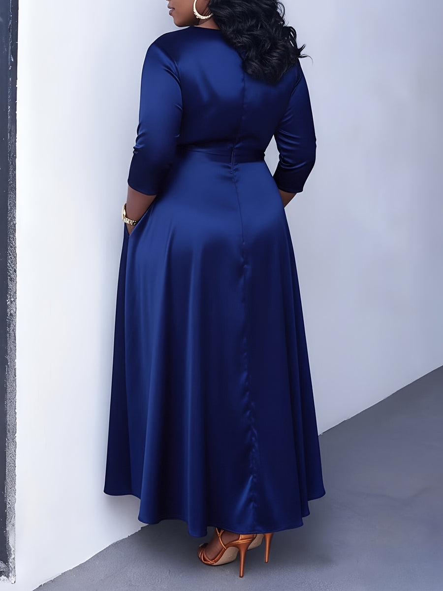 Western Fashion Temperament Solid Round Neck Tie-Up Three-Quarter Sleeve Dress - Navy Color