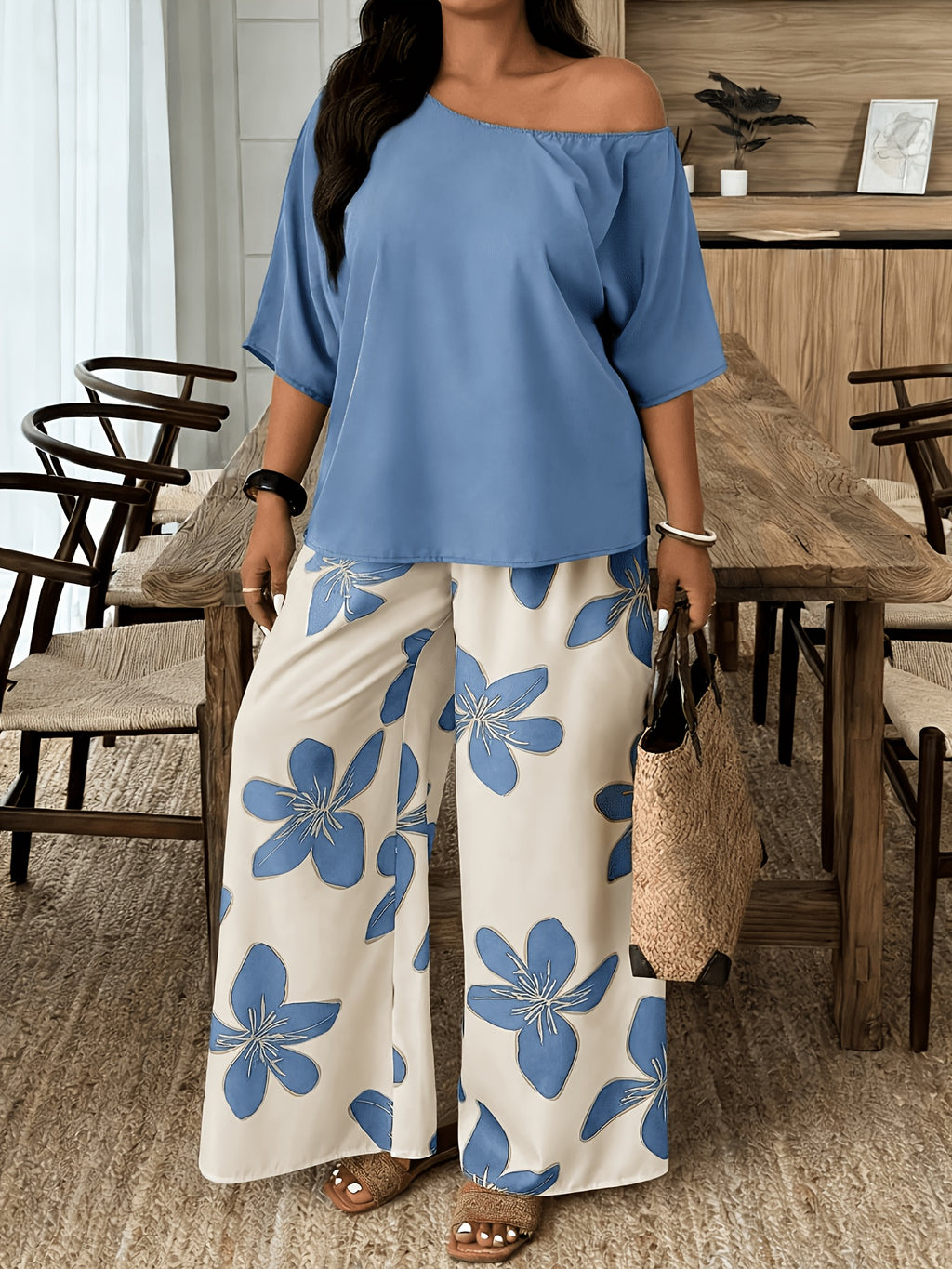 French-Style Elegant Women's Fashion 2pcs Set: Solid Color Off-Shoulder Pullover + Large Blue Floral Print Pants, Comfortable, Breathable, and High-End Casual Outfit - Blue