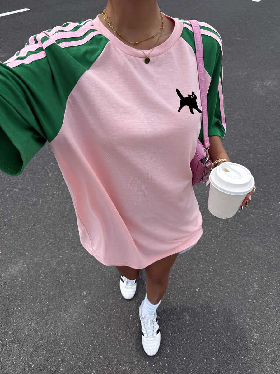 Women'S Striped Contrast Off-Shoulder Loose Casual Round Neck T-Shirt, Summer - Dark Pink