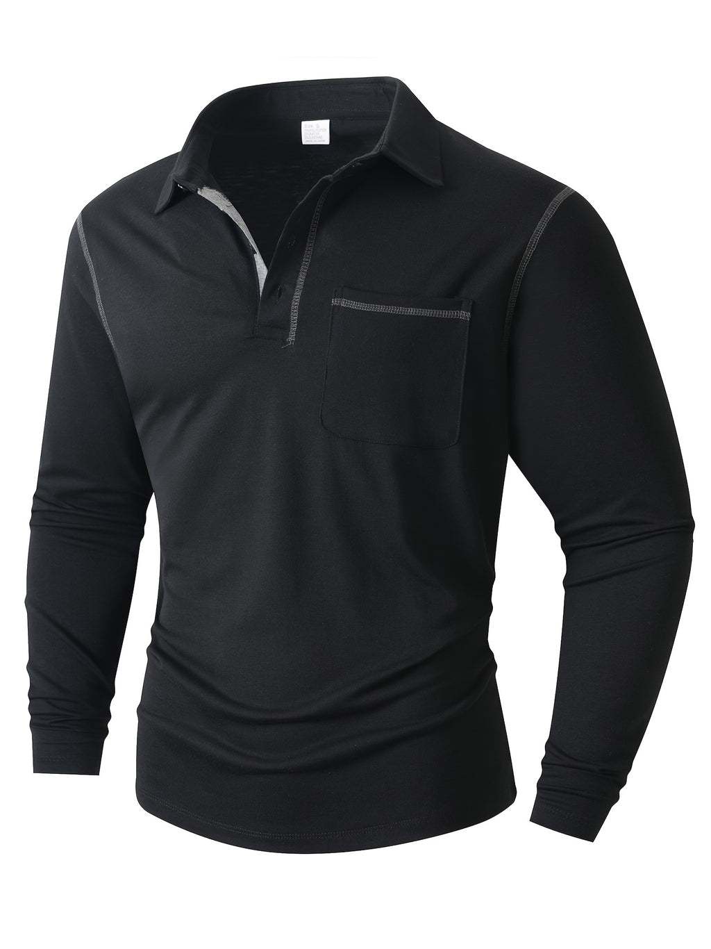 KJ-P029 Men's Long Sleeve Henley Shirt with Contrast Color Placket and Pocket Design, Stretchy, Comfortable, and Casual Polo for Daily Commuting Wear - Black