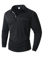 KJ-P029 Men's Long Sleeve Henley Shirt with Contrast Color Placket and Pocket Design, Stretchy, Comfortable, and Casual Polo for Daily Commuting Wear - Black
