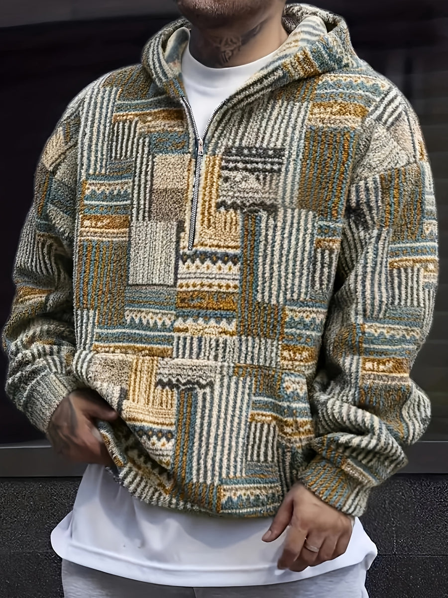 Men's Trendy Printed Hooded Zip-Up Plush Sweatshirt with Large Pockets, Soft, Comfortable, Thick, and Warm Fabric, Suitable for Daily Streetwear, Commuting, Casual Outings, Parties, and Social Gatherings, New Autumn/Winter Long-Sleeve Sweatshirt - Olive Green Color
