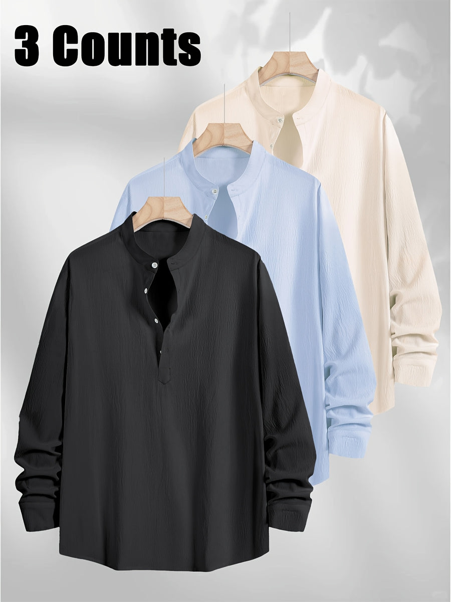 3pcs Men's Textured Slim-Fit Vacation Shirts - Long Sleeve & Short Sleeve Multi-pc, Stand Collar Button- Cuff Shirt Convertible to Short Sleeve, Breathable All-Season Hawaiian Casual Shirt Lightweight, Fashionable Minimalist for Beach Travel Vacation - Black+Sky Blue+Khaki