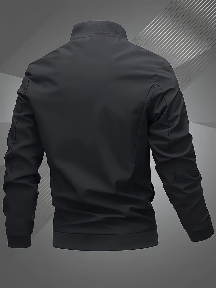 Men's Windproof Pilot Jacket with Letter Embroidery, Full Zip Closure, Suitable for Outdoor Sports, Hiking, Urban Commuting - Machine Washable, Polyester, Casual Fashion Versatile Trendy Black Coat, Essential for Stylish Men - Black
