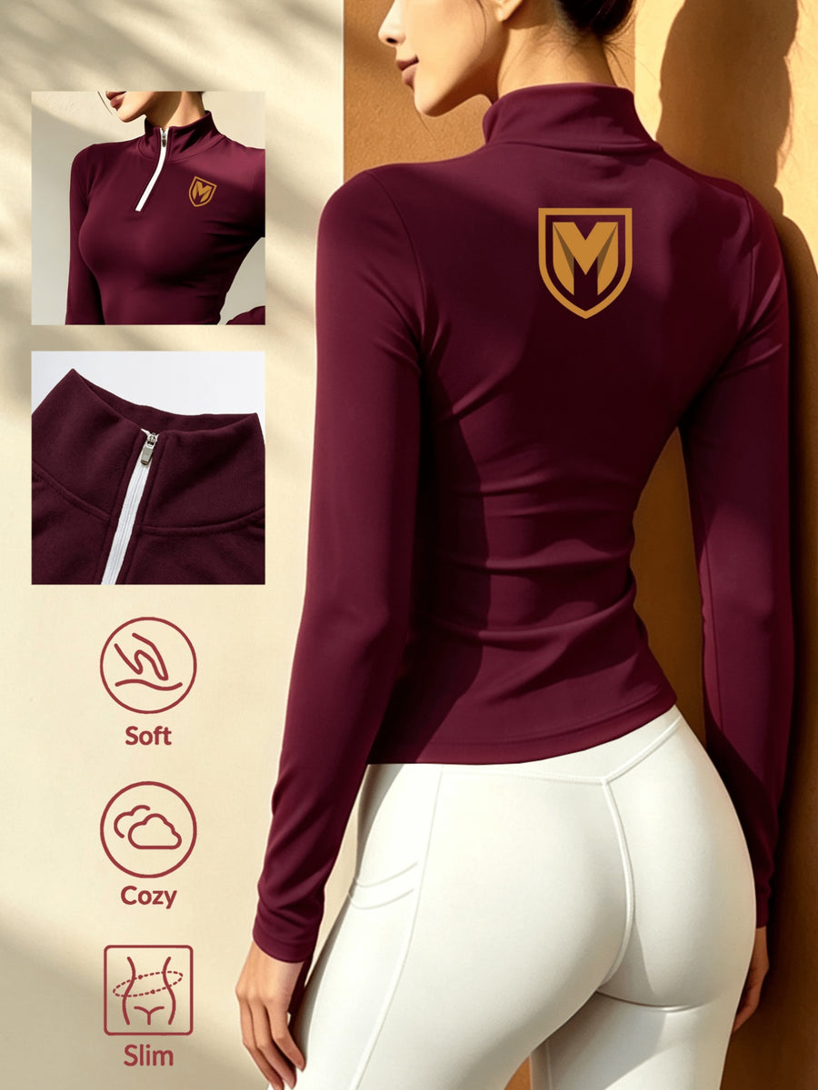 Women's Solid Color Half-Zip Long Sleeve Top, Waist-Cinching Thermal T-Shirt - Burgundy