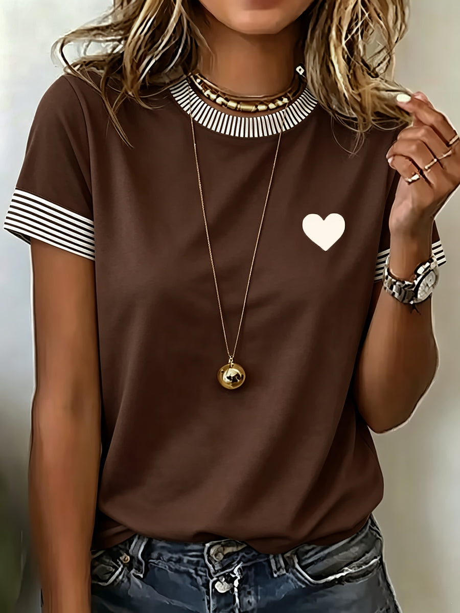 Striped Contrast Print Round Neck Short Sleeve T-Shirt, Women'S Easy Navy Small Heart Print Loose Casual Top - Coffee Brown