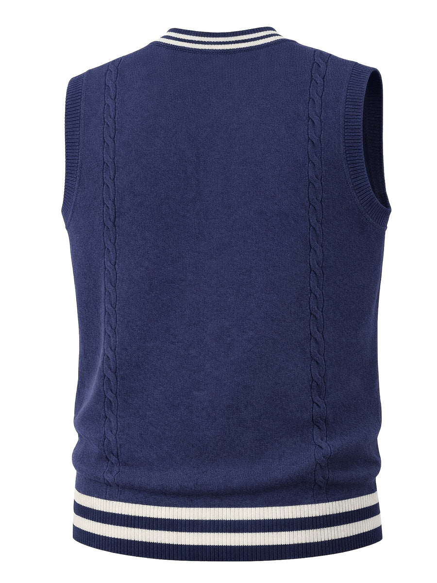 Men's Cable Knit Sweater Vest Sleeveless Striped Trim & Embroidered Logo Waistcoat - Preppy Business Casual Fall Winter Knit Vest Suitable for Office, Semi-Formal Wear, Layering Piece - Navy Color