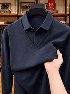 Men's Shirt Collar Fake 2pcs Knitted Top, Thick Warm Long Sleeve Base Shirt, Casual Pullover Polo for Golf, Fishing, Tennis, Winter Daily Wear for Middle-aged Dad - Navy Color