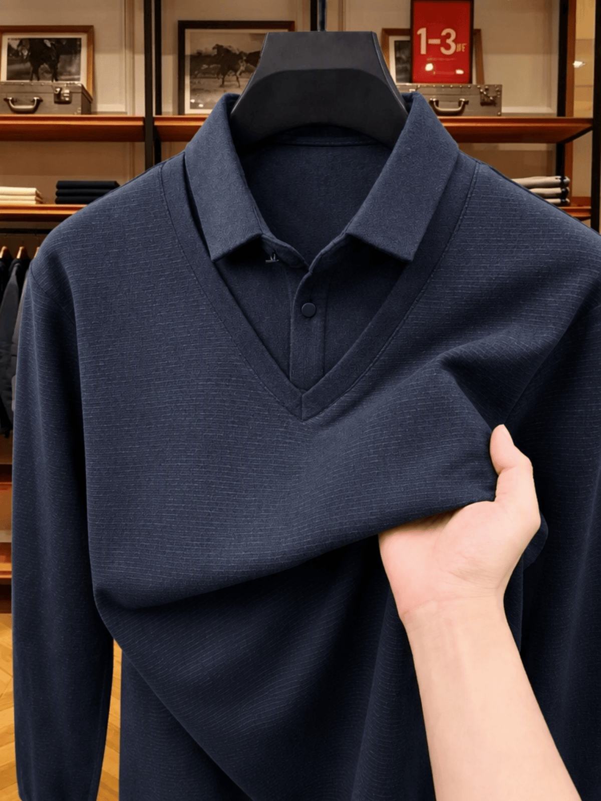 Men's Shirt Collar Fake 2pcs Knitted Top, Thick Warm Long Sleeve Base Shirt, Casual Pullover Polo for Golf, Fishing, Tennis, Winter Daily Wear for Middle-aged Dad - Navy Color