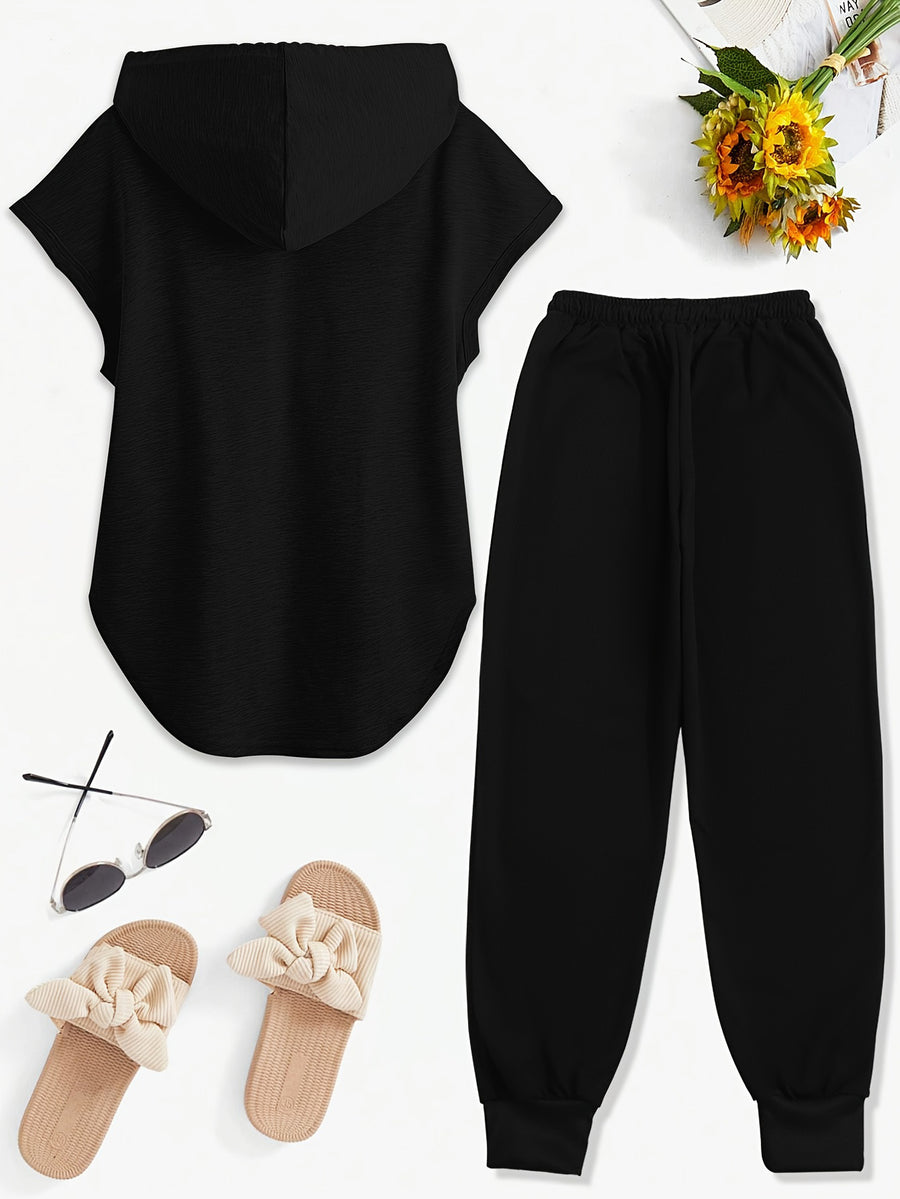 A Must-have New Product! Solid Color Sleeveless Hooded S Set! Jogger Pants with a Cinched Waist Highlight the Waistline, Paired with Sneakers for a Casual and Energetic Look, Women's Spring and Summer Fashion Casual Hooded Short-sleeve Set. - Black