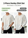 2pcs Men'S Linen Henley Shirt Set, Short Sleeve And Long Sleeve 2pcs Combination, Loose Breathable Vacation Style Casual Top - White