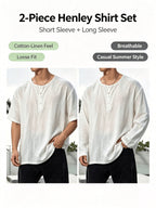 2pcs Men'S Linen Henley Shirt Set, Short Sleeve And Long Sleeve 2pcs Combination, Loose Breathable Vacation Style Casual Top - White