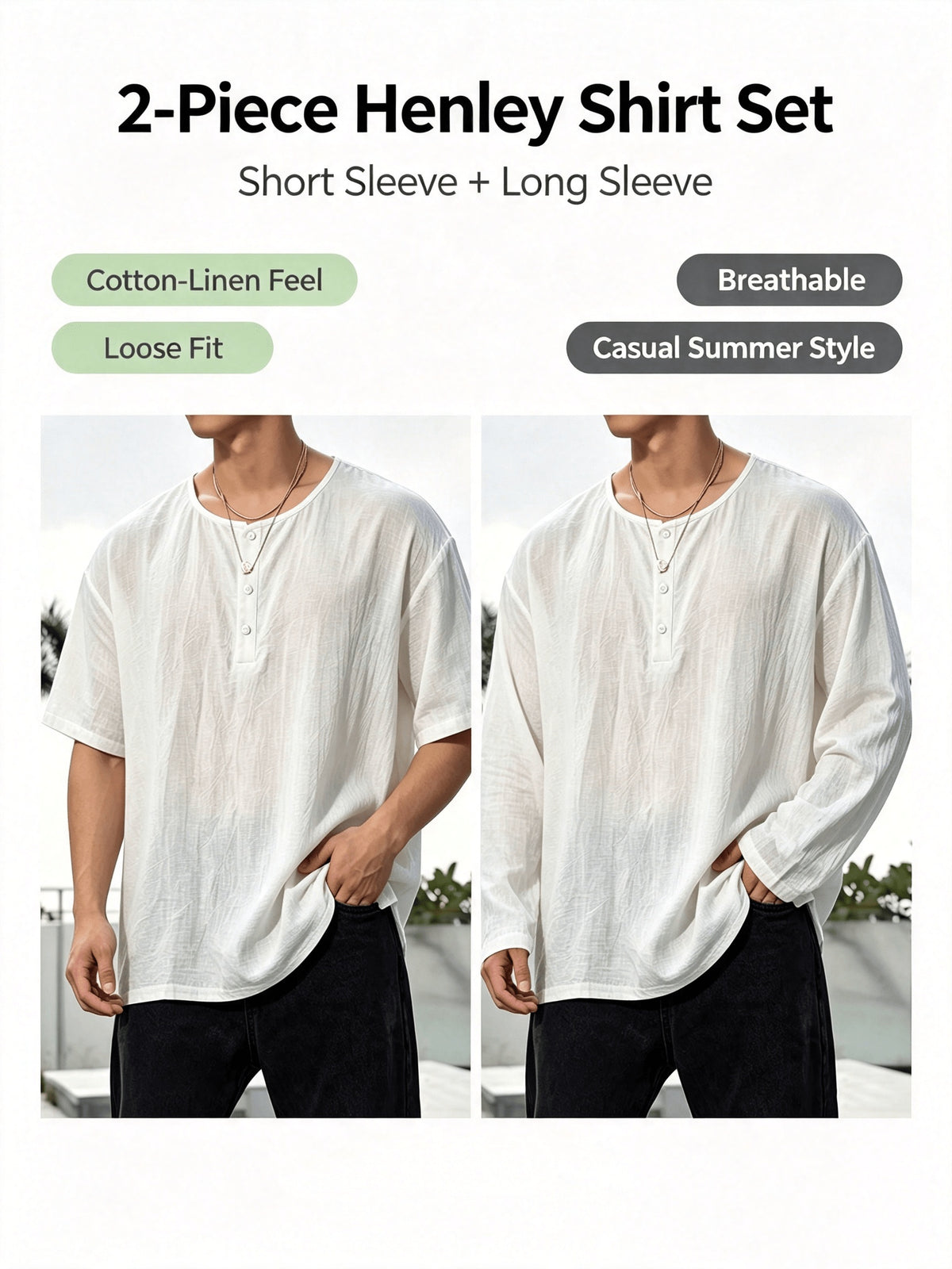 2pcs Men'S Linen Henley Shirt Set, Short Sleeve And Long Sleeve 2pcs Combination, Loose Breathable Vacation Style Casual Top - White