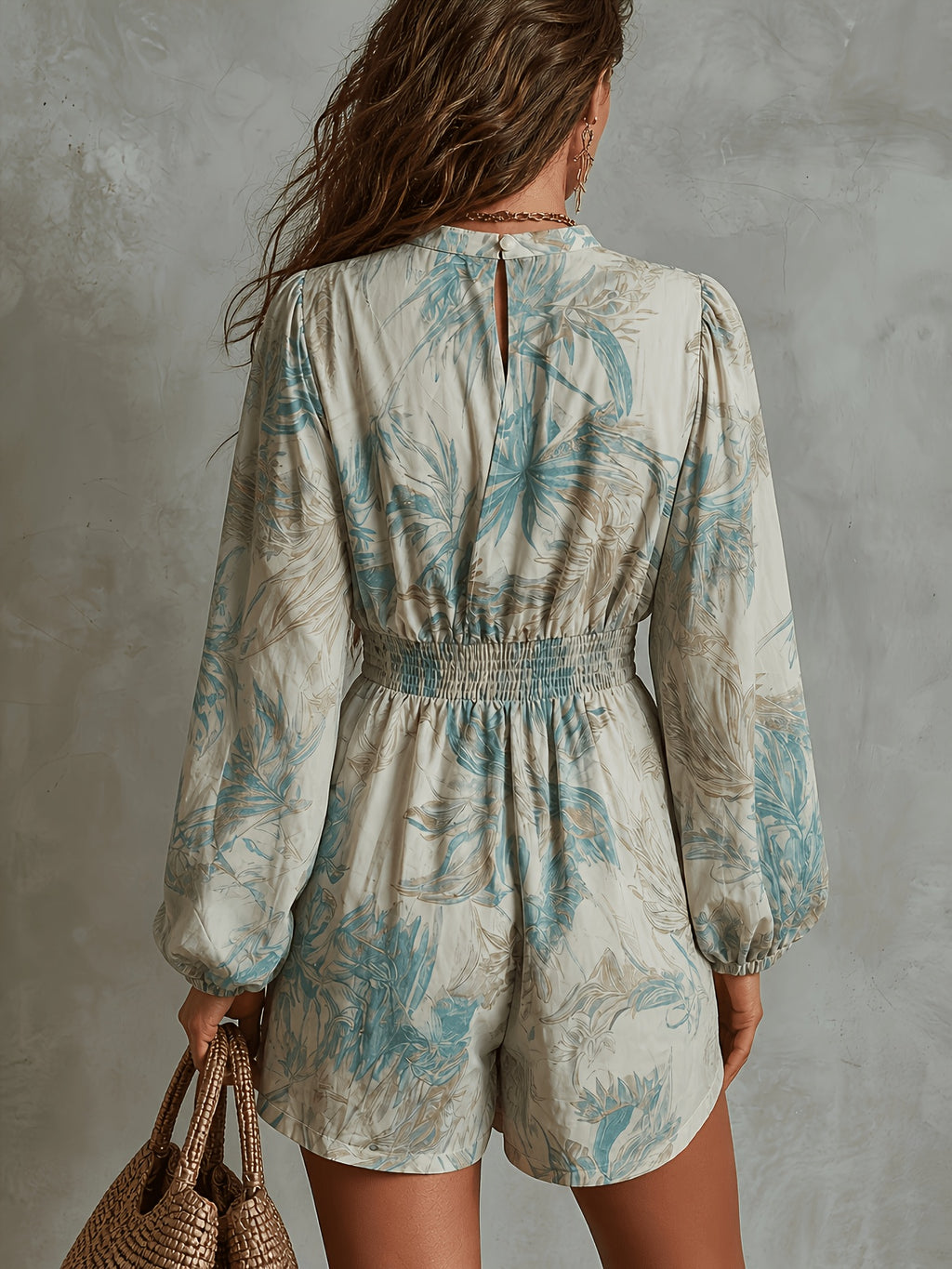 [Vacation] Floral Line Print Jumpsuit, Elastic High-Waist Design, Loose Style, Deep V-Neck Lantern Sleeve Dress - Apricot