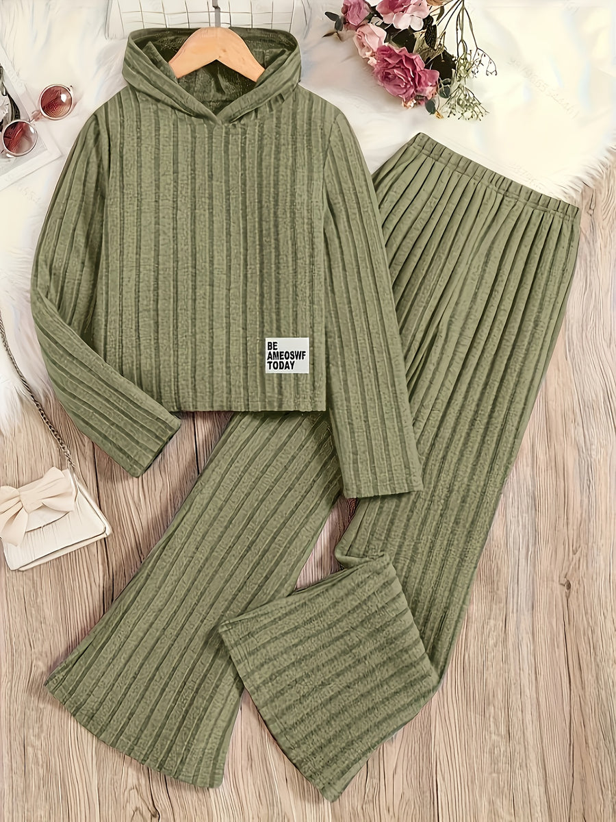 A Set of Women's Rib- Cable- Letter-appliqué Hoodie and Flared Pants - Olive